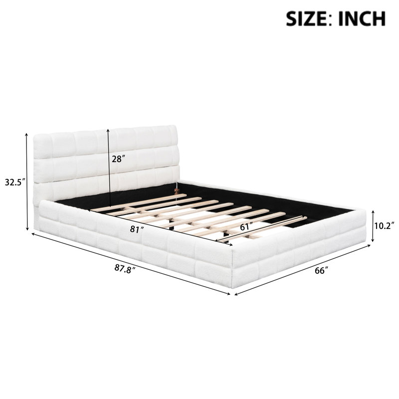 Grand lit plateforme tapissier en blanc avec construction en bois et tête de lit confortable, sans sommier tapissier, capacité de charge de 500 lb, taille de 81 po x 61 po - matériaux de conception élégante, ressort, longueur de 87,8 po
