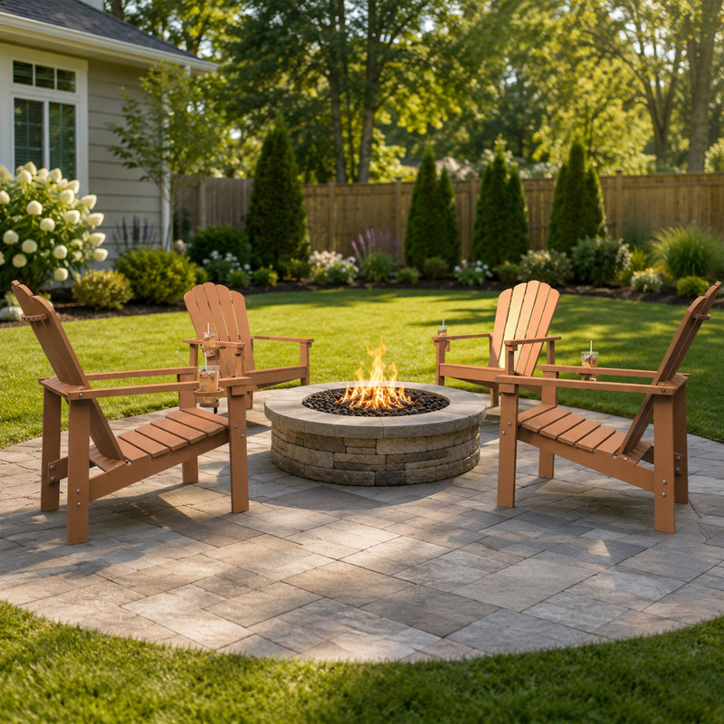 Dareona Set of 2 HDPE Stackable Adirondack Chairs with Cup Holders, All-Weather Outdoor Patio Chairs, Teak, 2