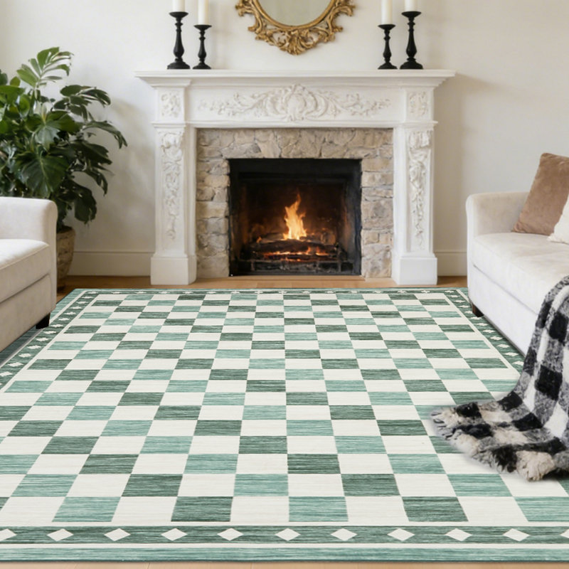 8x10 Checkered Area Rug, Abstract Washable Soft Rugs for Living Room, Modern Geometric Non Slip Low Pile Carpet for Bedroom, Dining Room, Green