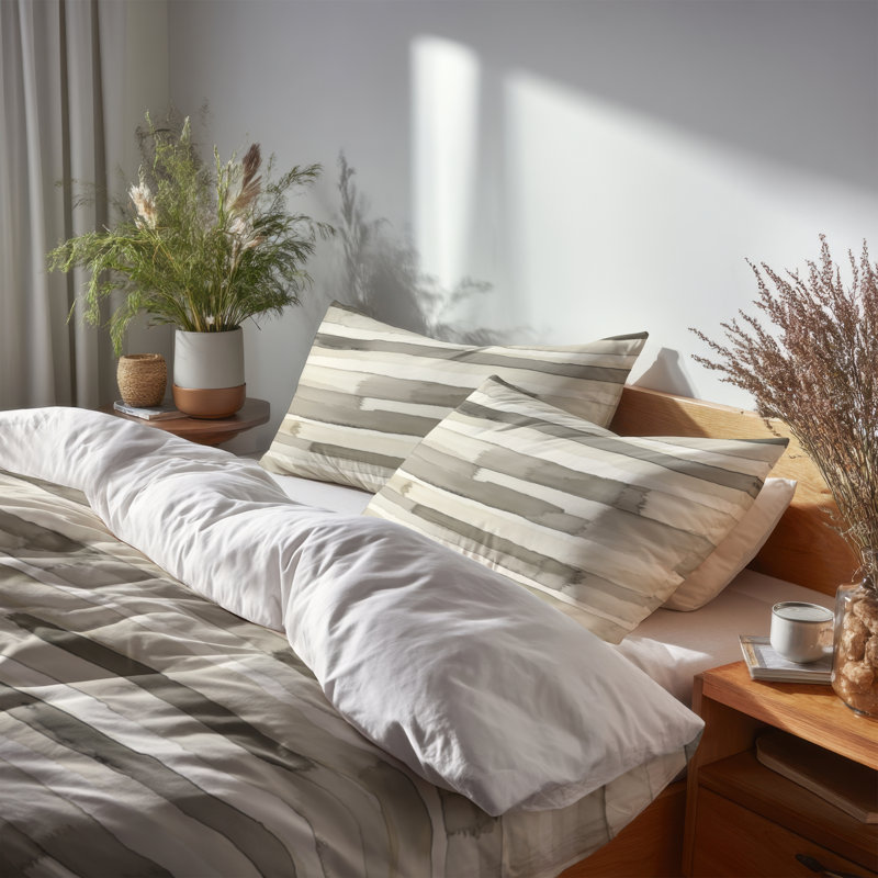 Ensemble de literie à rayures 3 pièces - Ensemble de housse de couette et coussin décoratif moderne gris et beige