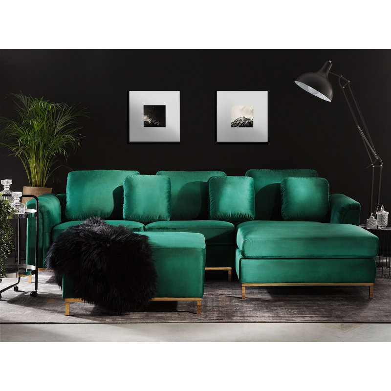 Kaya 4 Seater Velvet Corner Sofa , Right Hand Facing, Brown, Emerald Green
