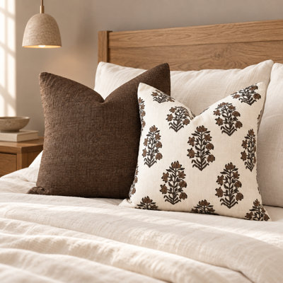 Ensemble de housses de coussin en coton et lin tissé, imprimé floral marron et ivoire