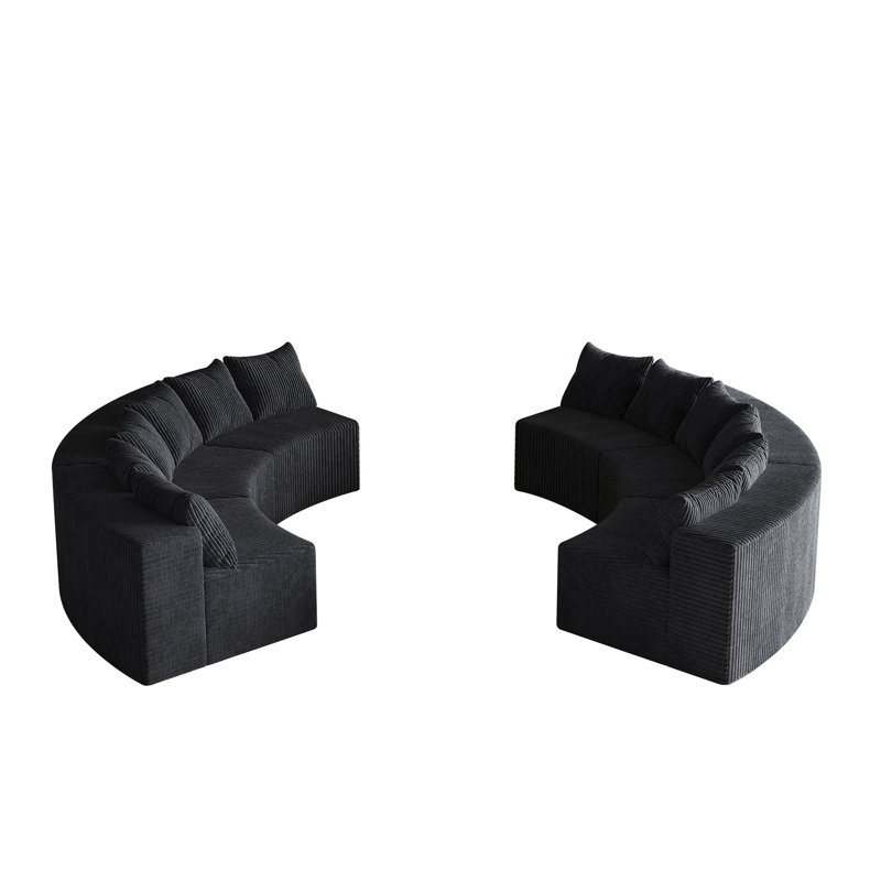 Canapé modulaire incurvé en velours côtelé avec 8 coussins Corduroy, Noir