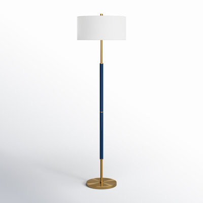 62 Inch Two-Tone Floor Lamp Fabric Drum Shade Blue Brass Contemporary Olie