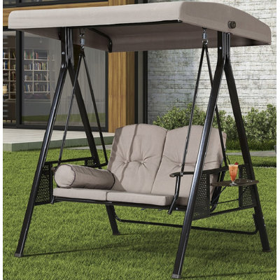 Deluxe Outdoor Patio Porch 2-seat Swing with Stand and Cup Holders and Cushions and Canopy and Pillow Included, Beige