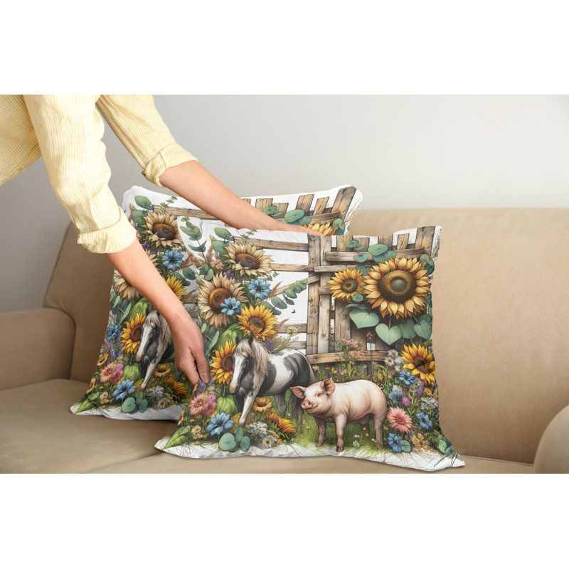 Farmhouse Sunflower and Animals Microfiber Throw Pillow Set