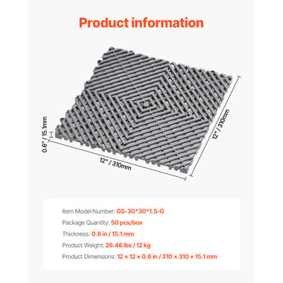 12.2" x 12.2" Modular Interlocking Drainage Floor Tiles, 50‑Pack Non‑Slip Grey PP Shower & Outdoor Splicing Mats for Garage Garden Kitchen