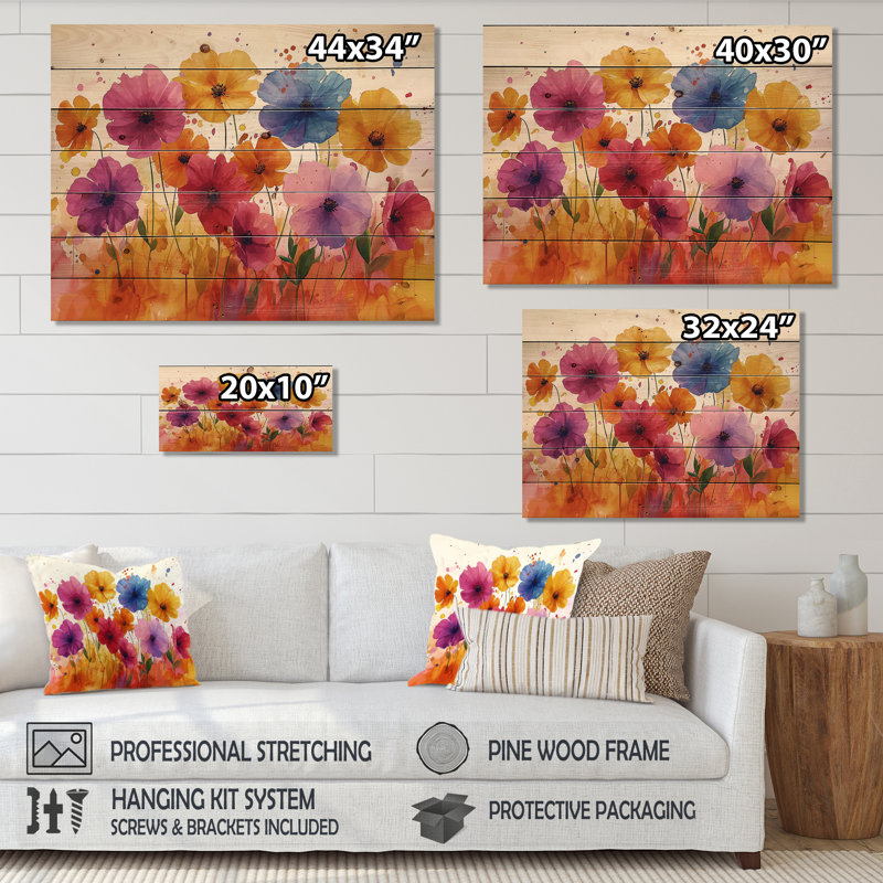 Paysage d'été champêtre fleurs sauvages - décoration murale en bois de fleurs sauvages - sur bois de pin naturel