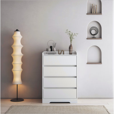 Commode 4 tiroirs, commode sans poignée, commode blanche pour chambre à coucher 100% imperméable, armoire en bois moderne avec cadre robuste pour le salon, l'entrée, la chambre à coucher, le couloir
