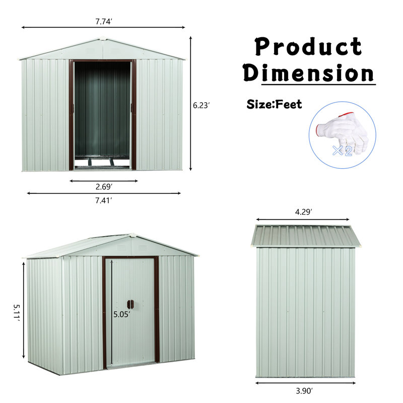 Outdoor Metal Shed 8ft X 4ft With Aluminium And Lock White Robust Structure Padlock, White