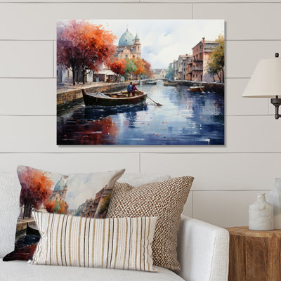 Orange Canal Waterways Pointillism II - Canals Metal Art Print
