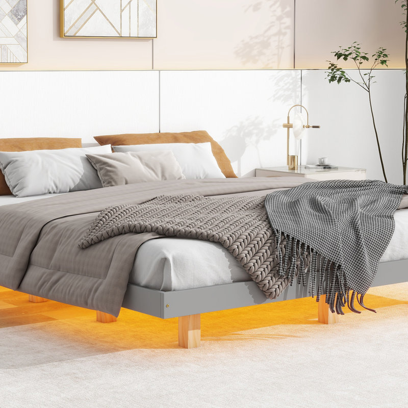Lit flottant avec lumières DEL en dessous, lit plateforme moderne à profil bas avec lumières DEL, Gris, Très grand lit