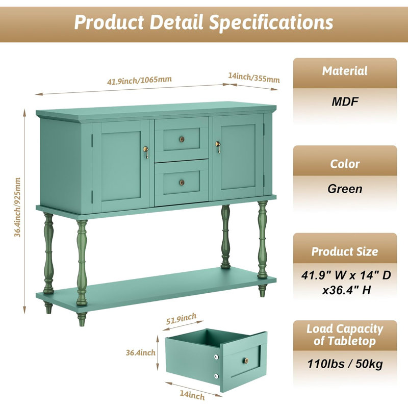 Hallway Entryway Table w/2 Drawers, 42" Vintage Console Table w/ Storage Shelf and 2 Doors, Farmhouse Buffet Sideboard Cabinet