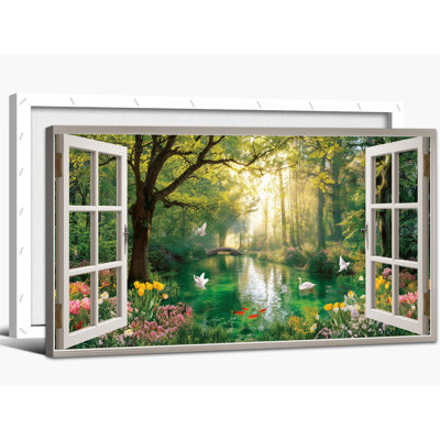 Spring Canvas Wall Decor, Open Window Nature Prints Rustic Landscape Artwork, Vibrant Forest and Lake Scenery Pictures, Large Horizontal Illustration