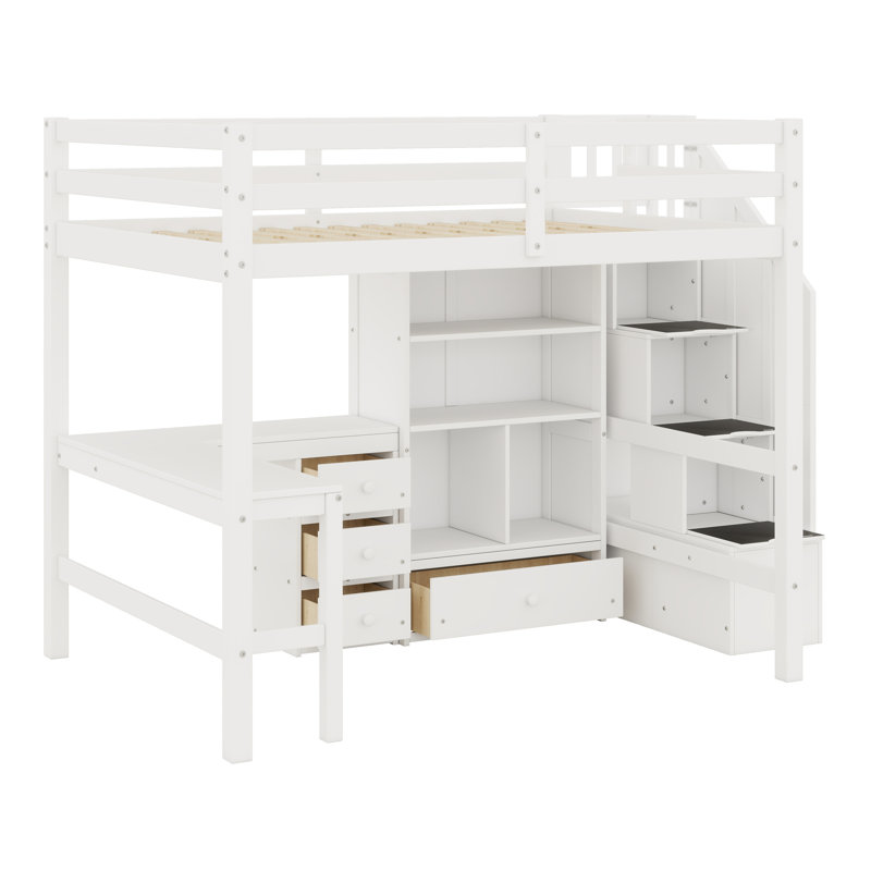 Lit mezzanine avec bureau en L et tiroirs, armoire et escalier de rangement, Blanc