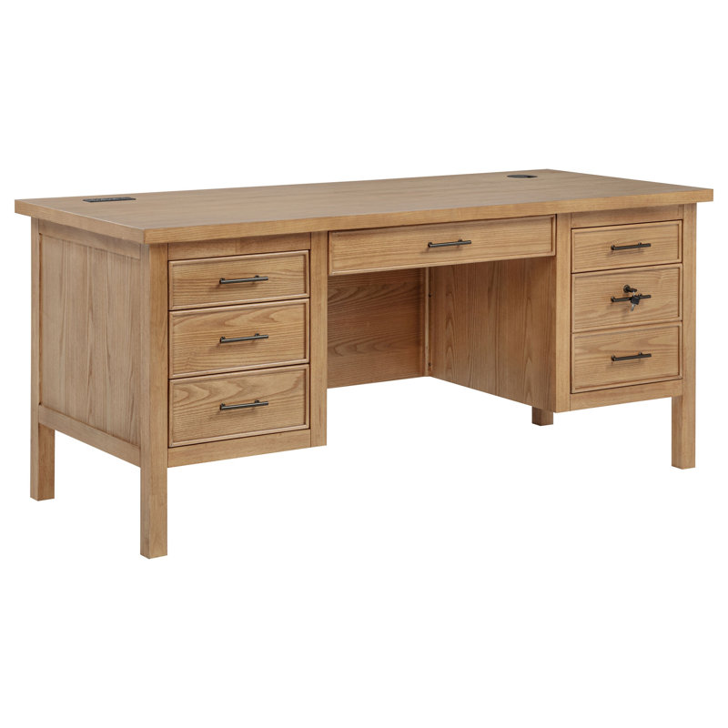 Verny 66 Inch Computer Desk, Power Outlet, 7 Drawers, Brown Rubberwood