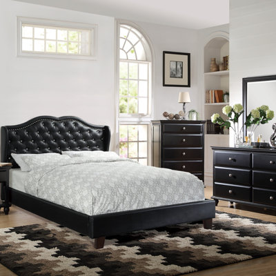 Queen Size Bed 1Pc Bed Set Black Faux Leather Upholstered Wingback Design Bed Frame Headboard Bedroom Furniture Tufted Upholstered