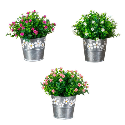 7in. Artificial Flowering Mini Daisy Plant in Decorative Daisy Tin Planter - Set of 3