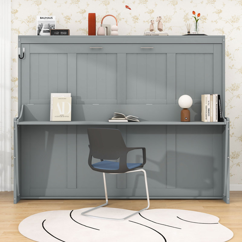 Lit escamotable en bois avec bureau pliant et rangement intégré pour les petits espaces, Grand lit, Gris