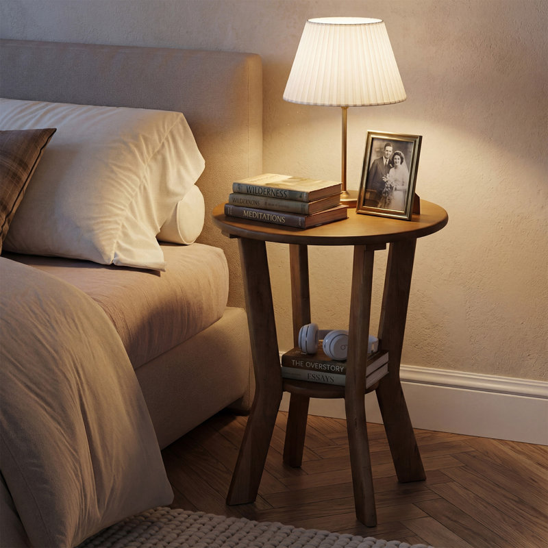 Table d'appoint ronde en bois massif avec tablette inférieure