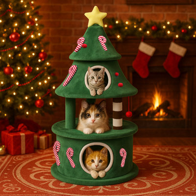  Arbre à chat 55 po avec 3 maisons pour animaux de compagnie, tour pour animaux de compagnie avec ensemble anti-basculement et boules de jouets, meubles d'escalade décoratifs pour que les chats puissent jouer et dormir