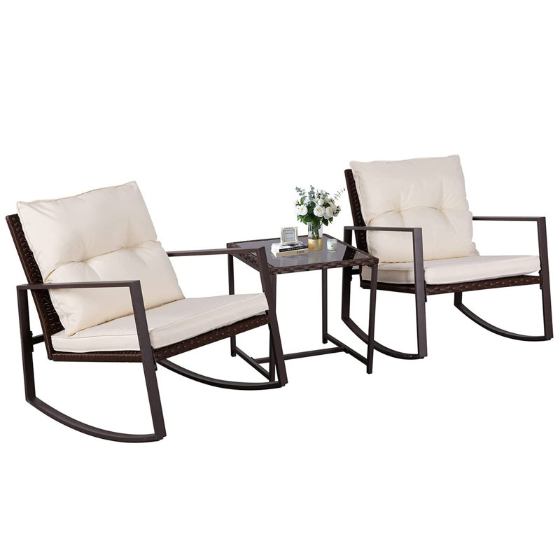 2 - Person Outdoor Dining Set, 3-Piece Outdoor Rattan Rocking Bistro Set with Cushions and Glass Coffee Table, Brown, Beige