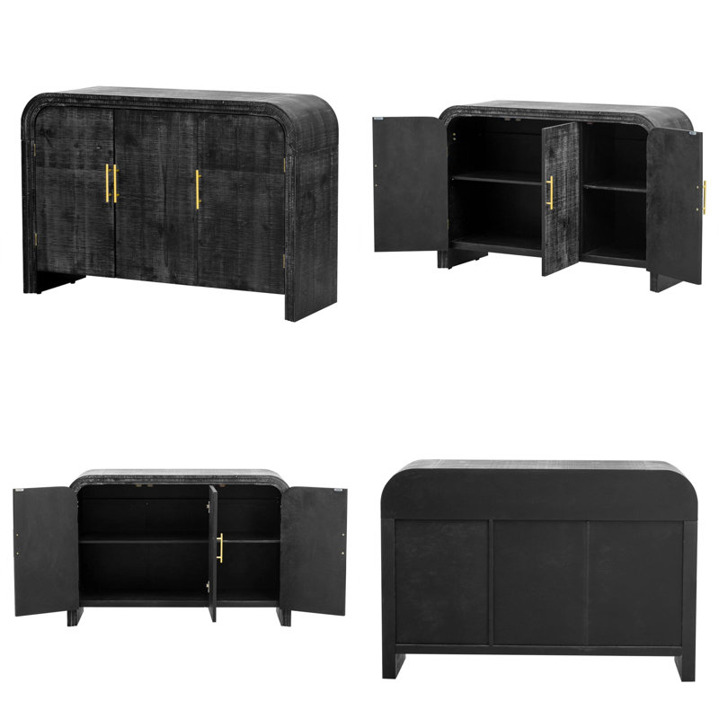 Buffet incurvé rétro de 47 po - noir antique, poignées, tablettes réglables, Noir