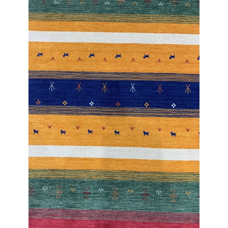 Blue Hand-Knotted Wool Striped Animal Parade Geometric Modern Contemporary Carpet Rug, 9' x 12'