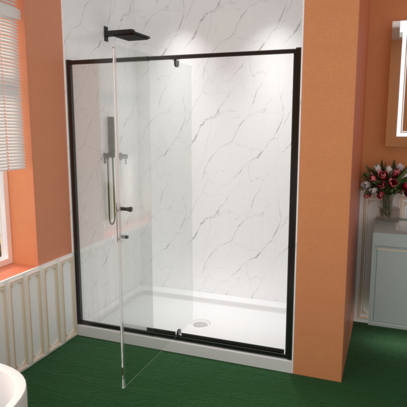Porte de douche pivotante en verre pivotant, l 60 po x H 71 po, verre trempé clair de 1/4 po, cadre pivotant, durable et facile à installer