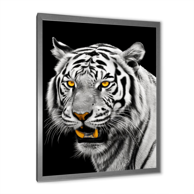 Tigre blanc féroce VI - animaux, art mural, salon, H 40 po x l 30 po x P 1,5 po, Cadre simple argenté