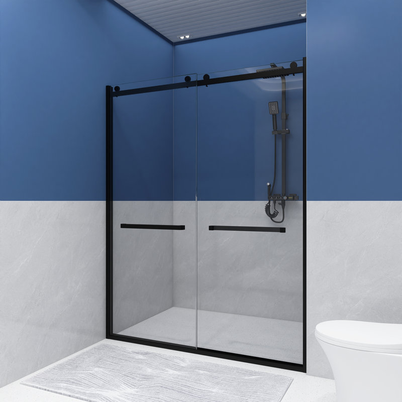60 in. x 76 in. Matte Black Frameless Sliding Shower Door