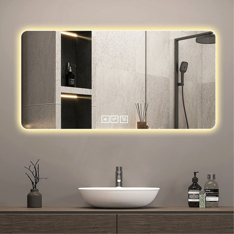 Miroir de salle de bain sans cadre avec lumière DEL, résistant à la corrosion, miroir à trois couleurs à intensité variable, rétroéclairé avec fonction de désembuage à une touche