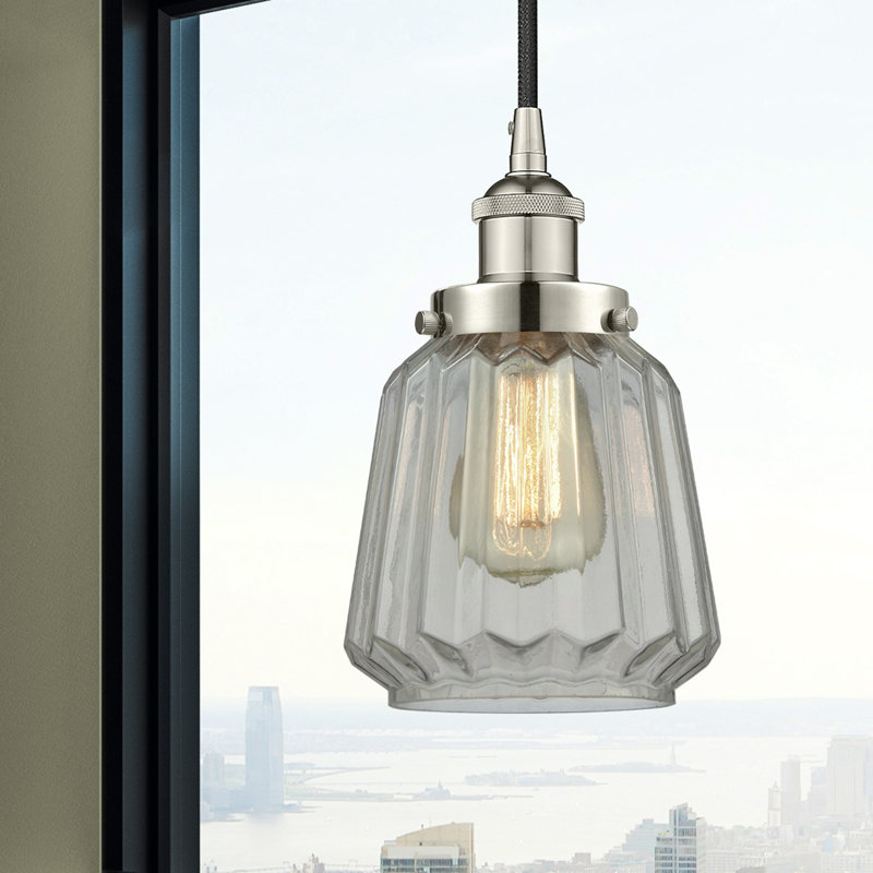 Luminaire suspendu conique à 1 lumière Caggiano, Nickel poli, Transparent