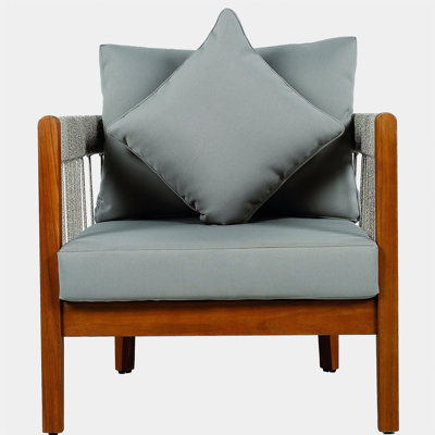 Fauteuil club d'extérieur en bois d'acacia avec détails en corde tissée à la main et dossier incurvé - Fauteuil de patio Boho résistant à l'eau avec coussins amovibles pour le porche, le jardin