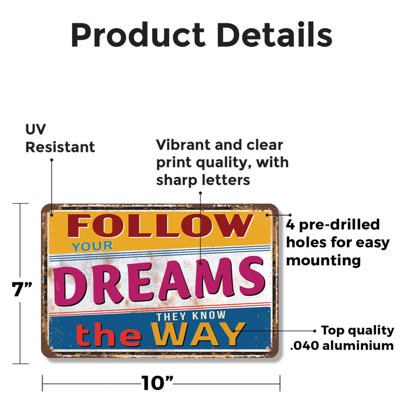 «Follow Your Dreams Ils Know The Way», ensemble de 2 panneaux en aluminium de 7 po x 10 po