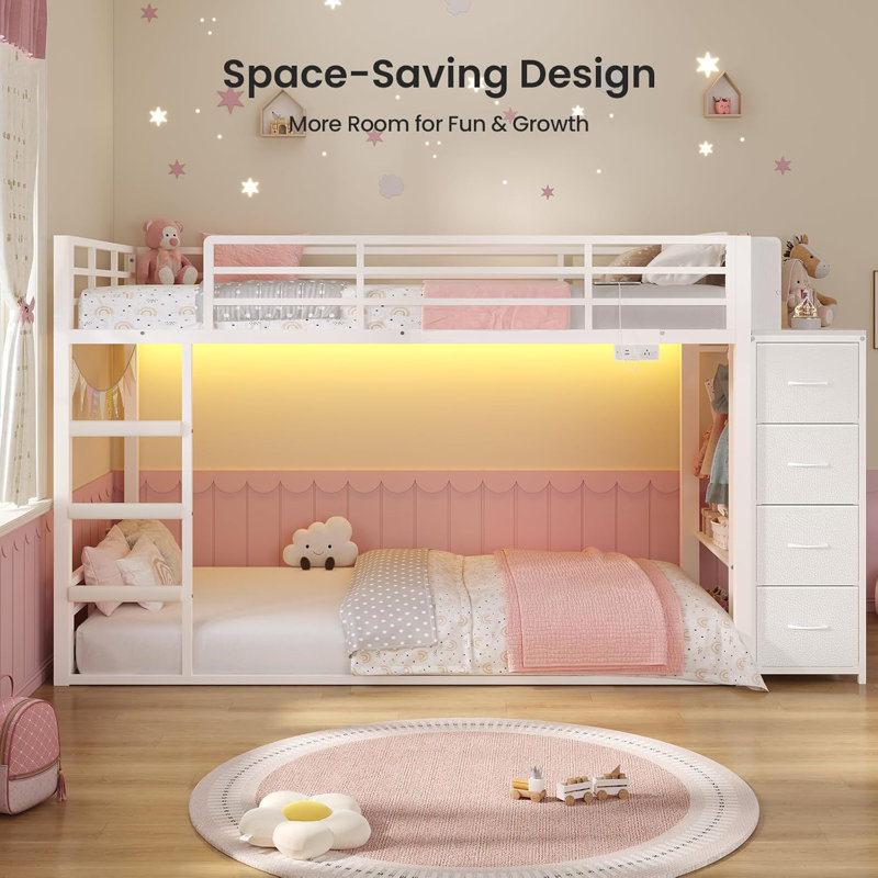 Bed Twin Over Twin With Bookshelf, 4 Storage Drawers, Metal Kids Bunk Bed With Power Outlet & Rgb Lights, Clothing Rack & Shelves, Safety Guardrail & Ladder