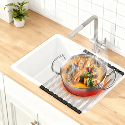 Égouttoir à vaisselle sur roulettes Roll-Up, égouttoir pliable en acier inoxydable 304 et sous-tapis pour comptoirs de cuisine et éviers