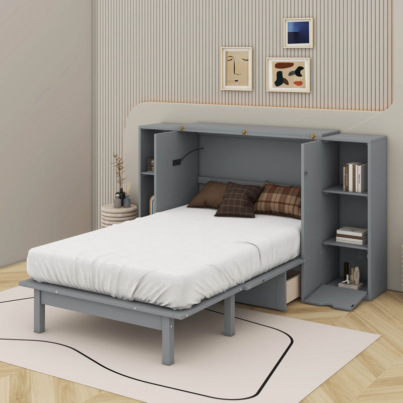 Grand lit escamotable avec tablettes, tiroirs et port USB, Gris