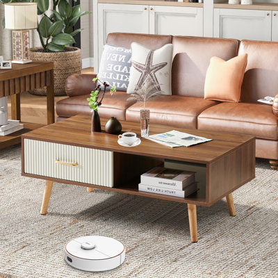 Wood Coffee Table with Storage Drawer and Solid Legs