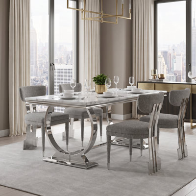 70 Inch Grey Silver Dining Table Set with 4 Grey Bouclé Chairs, Modern Rectangular Dining Room Set
