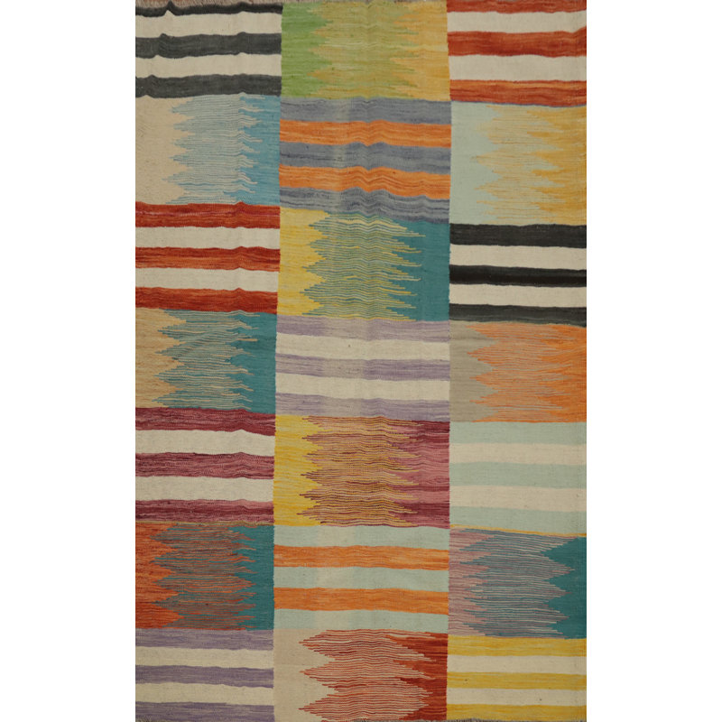 Tapis rayé à motif géométrique kilim 5 x 6
