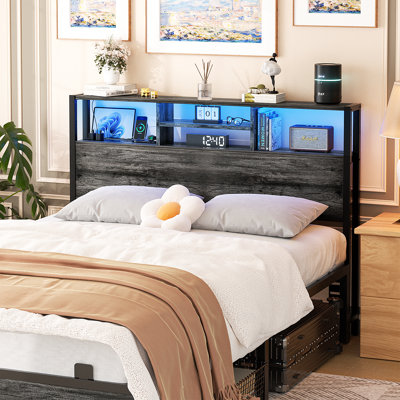 Tête de lit Lozandier avec rangement, prise de courant, ports USB et bande DEL