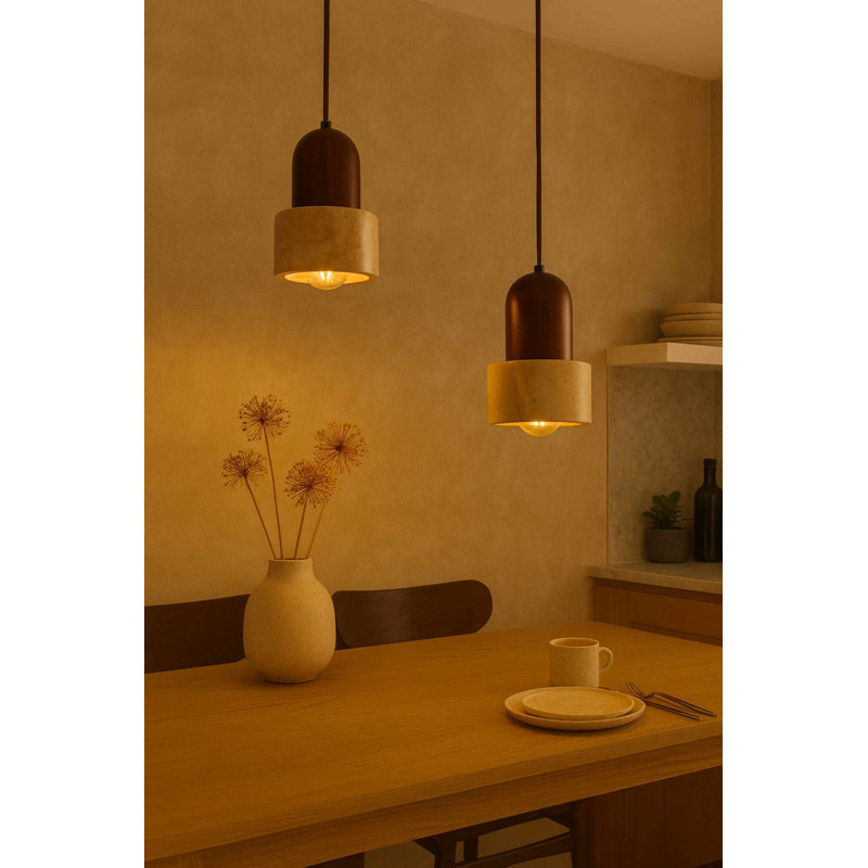 Lustre réglable élégant avec corps en bois et capuchon en travertin, 9,5 po x 7,5 po | Finition beige et noyer | 24 à 60,6 pouces de hauteur | 2 x douilles E27 de 40 W maximum | Éclairage moderne pour la salle à manger et les espaces de vie, design élégant et fonctionnel