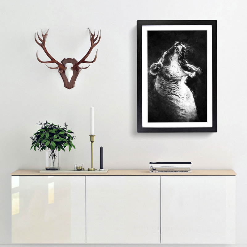 Yawning Lioness - Framed Print, 65cm H x 48cm W x 2cm D, Black Framed