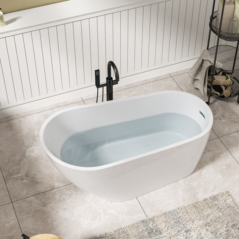 59" X 29.5" Modern Freestanding Acrylic Bathtub White Soaking Tubs Freestanding Bathtub With Drain