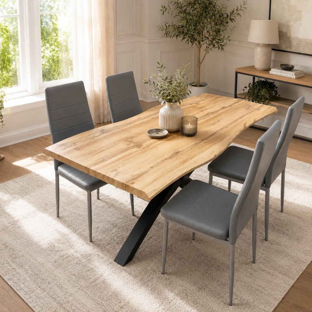 Kosy Koala Unisex Brown Wooden Dining Table X-Shaped Legs W/ 4 Grey Leather Chairs - Dining Kitchen Room Furniture In - Image 5