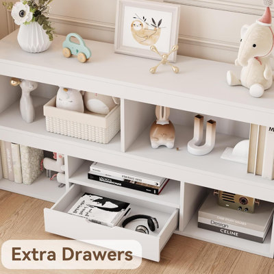 2 Tier Toy Organizers and Storage, 5 Cube Bookcase Wooden Open Bookshelf with Drawers, Floor Standing Storage Cabinet Low Display Shelves, Multipurpose Furniture for Books Dolls