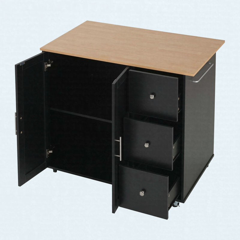 Chariot de cuisine mobile avec rangement, îlot de cuisine roulant de 39,76 po avec 2 portes, 3 tiroirs et tablette réglable, chariot utilitaire noir pour la cuisine / salle à manger