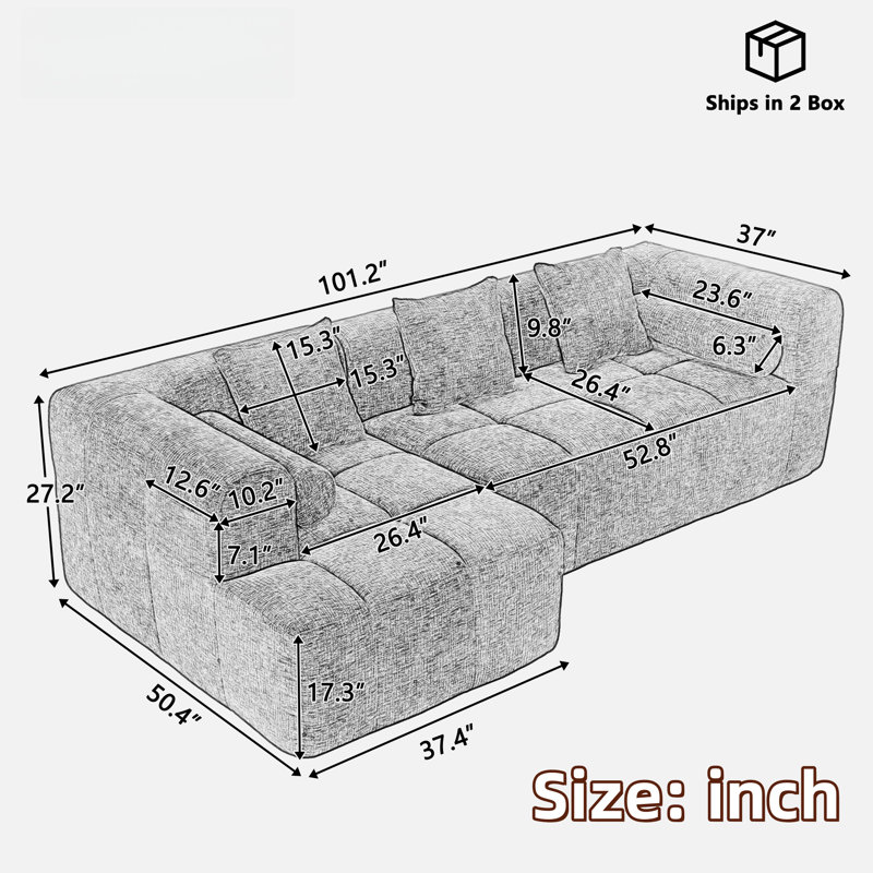 Full-compressed Sofa Modular Sofa Couch With Deep Seating, Two Side Pockets, Three Square Pillows, 2 Cylindrical Pillows And Tufted Design
