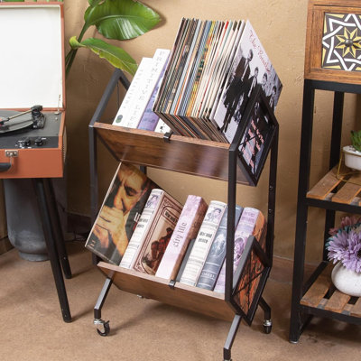 Vinyl record storage rack with wheels, 2-layer 160-200 LP record holder with partition